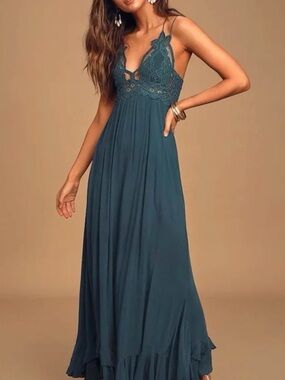 Free People Adella Maxi Slip Dress in Teal Size Medium